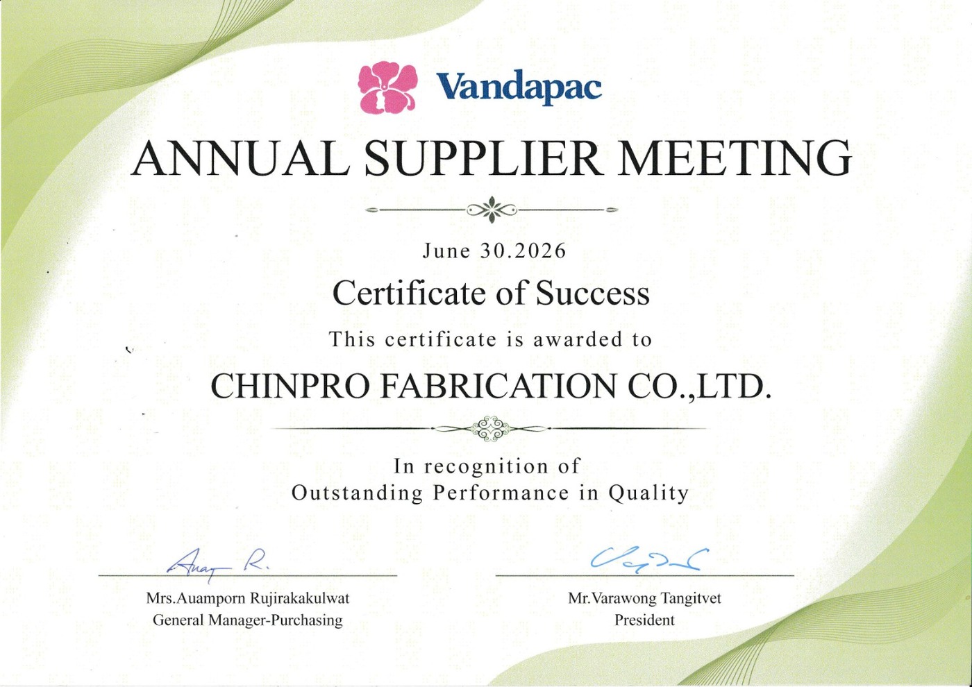 Vandapac Annual Supplier Meeting certificate awarded to Chinpro Fabrication